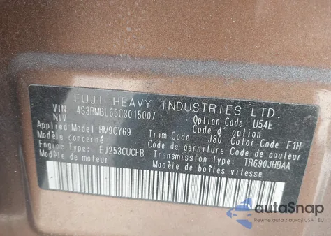 2012 Subaru Legacy 2.5I Limited from USA, damaged, VIN 4S3BMBL65C3015007